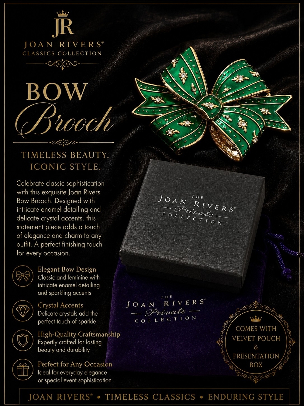 Joan Rivers Emerald Green Enamel Bow Brooch with Gold Accents